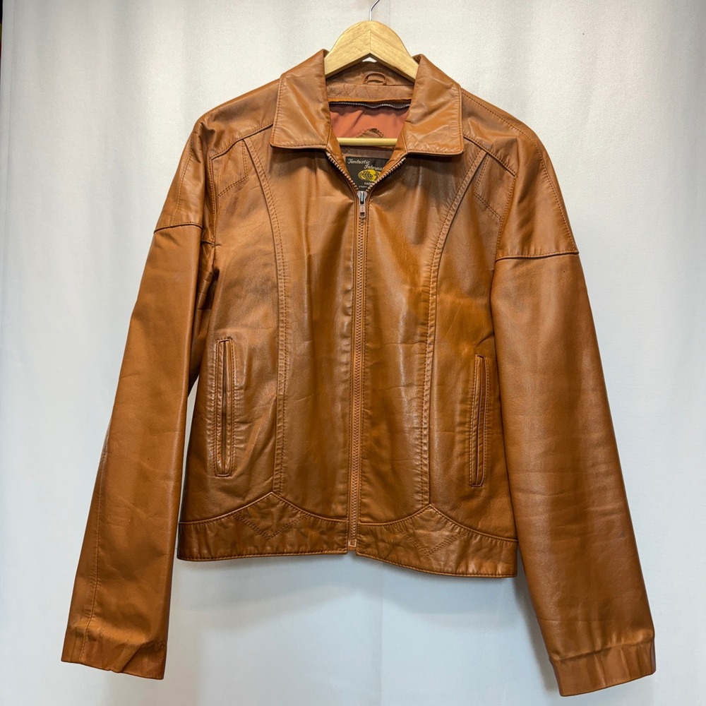 Fantastic International Leather Jacket Womens 40 Brown Vintage 70s Zip Up Moto
